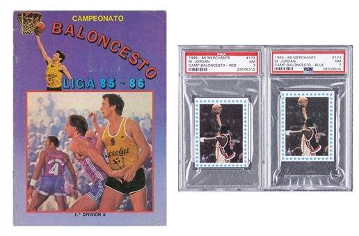 1985-86 Merchante Campeonato Baloncesto Liga (Spanish) #173 Michael Jordan Back-Side Color/Branding Variations PSA NM 7 Rookie Cards Pair (2 Different) – Plus Original Album
